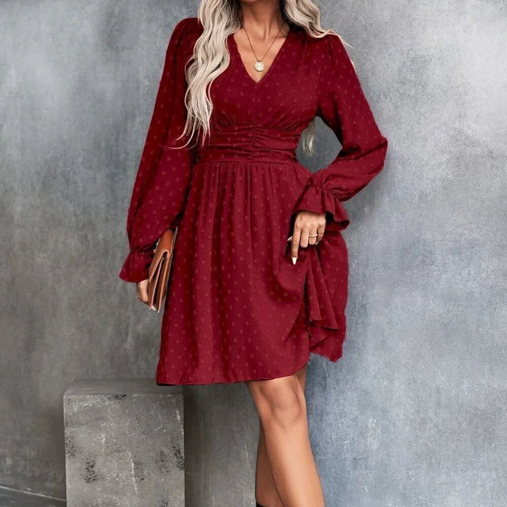 burgundy Boho Women's Swiss Dot Ruched Waist Flounce Sleeve Dress